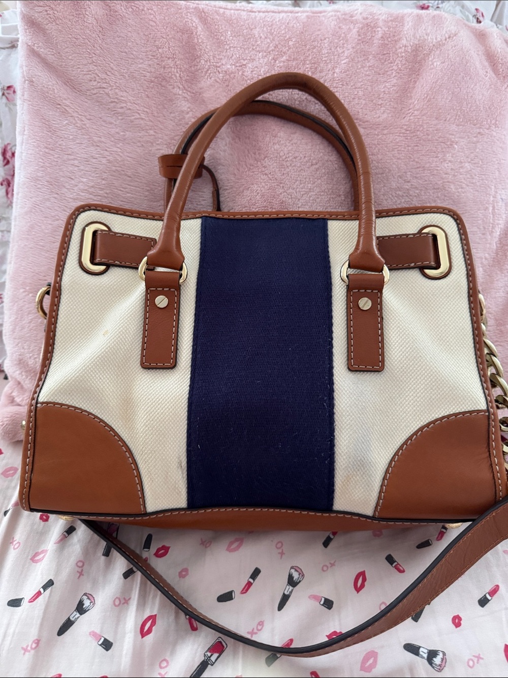 Michael Kors Women's Navy & Cream Canvas Satchel with Brown Leather Trim EUC - Picture 2 of 4